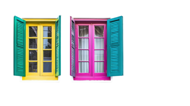 Colorful Shuttered Windows in Bright Yellow and Pink Hues