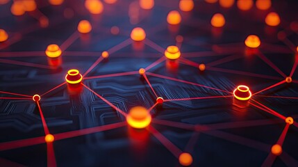Futuristic circuit board with glowing nodes and connections in a digital network.