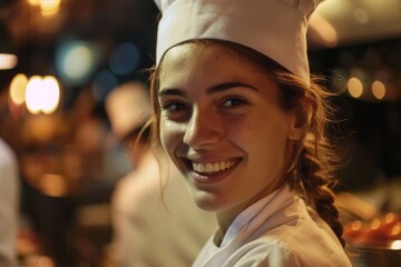 Portrait of a smiling chef in busy restaurant