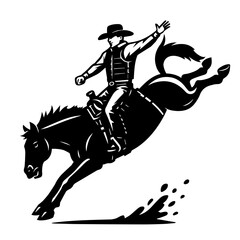 A cowboy riding a bucking horse in a dynamic pose