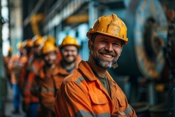 Portrait of a smiling factory worker in a group of coworkers