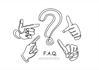Continuous one line of Human hands showing at the question mark, FAQ  vector illustration. Editable stroke.