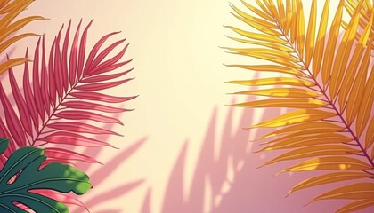 Vibrant tropical leaves with colorful shadows on a pastel background, perfect for modern and artistic designs