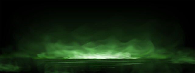 Fototapeta premium Realistic green toxic smoke cloud with overlay effect on transparent background. Mystical haze of steam or condensation. Vector atmospheric of smoky mist or hazardous vapor spreading on floor.