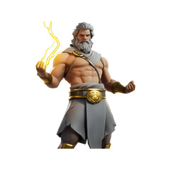 Zeus holds a bright lightning bolt, showcasing his robust physique and imposing presence while radiating strength and authority in a dramatic pose.