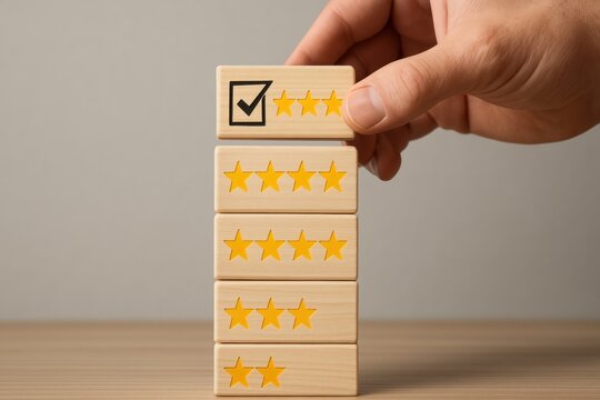 Exceptional Service Rating: Hand places wooden block with checkmark and five stars, creating a visual representation of service excellence. A symbol of customer satisfaction and quality.