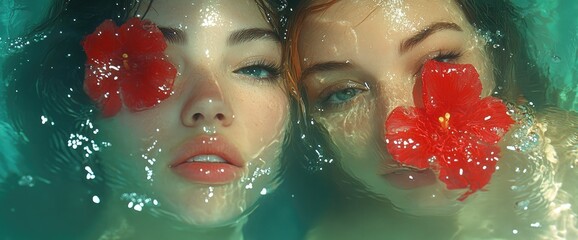 Water nymphs Two women in water with red flower accents