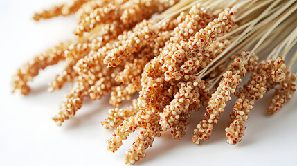 A close-up of quinoa ears with reddish seeds delicately arranged on a smooth white background, highlighting their fine texture and natural elegance.