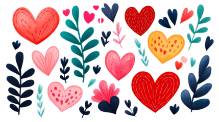 Hearts and leaves arranged on black background for design, cut out transparent