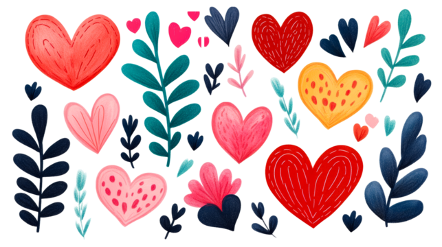 Hearts and leaves arranged on black background for design, cut out transparent