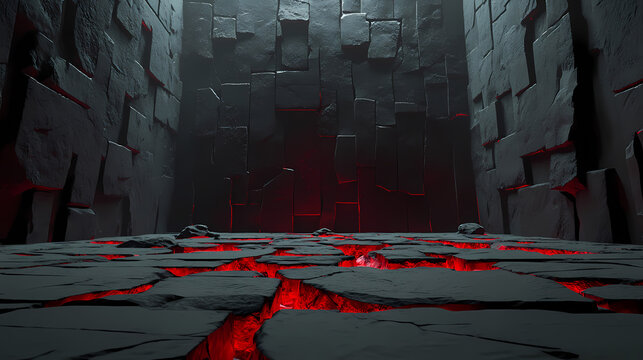 Low-poly 3d game environment featuring rough-hewn grey stone walls adorned with cryptic red magical runes. the shattered stone floor hints at danger ahead. Shattered Glyphs. Illustration