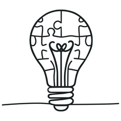 One single line drawing of light bulb with pieces of puzzles forming logo identity. Continuous line draw design graphic vector illustration