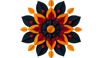 Colorful floral mandala design with leaf pattern, cut out transparent