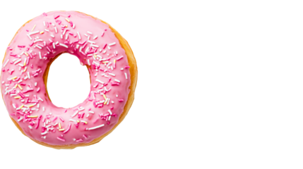 Donut with pink frosting and colorful sprinkles, cut out transparent