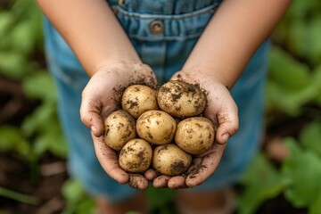 Farmer holding freshly harvested potatoes in dirty hands