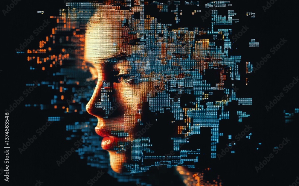 Poster vibrant pixel art profile of a woman merging with blue and orange data patterns on black background.
