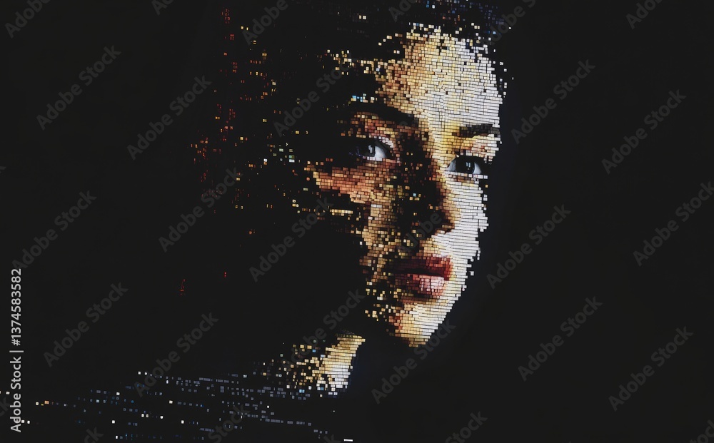 Poster high-contrast pixel portrait of a woman dissolving into glowing fragments on a dark background. perf