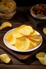 a close up of a plate of chips on a wooden table