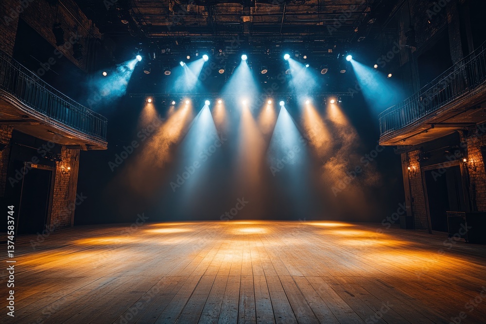 Poster empty stage lit with spotlights awaiting the show to begin