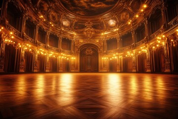 Empty ballroom floor shining in golden light, luxurious interior design