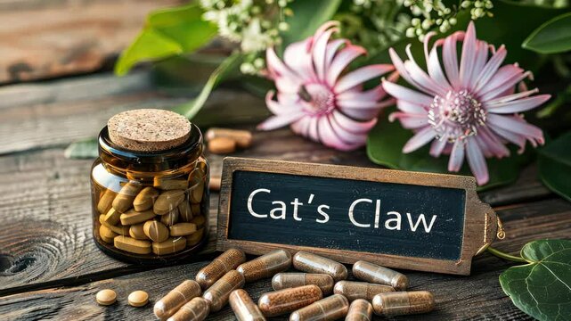 Cat's claw and supplement capsules. Selective focus. Nature.