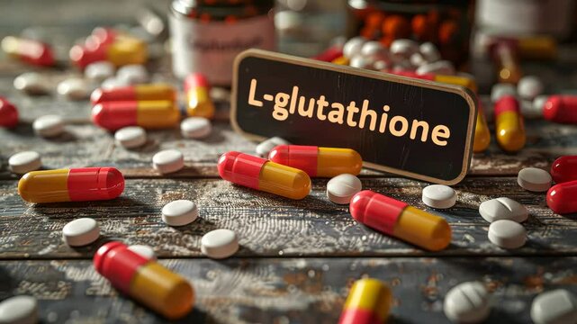 L-glutathione capsules supplements on the table. Selective focus. supplement