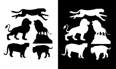  lion silhouette collection vector illustration, wild animal silhouette illustration vector design, art, symbol, icon, lion, tiger, black, white, illustration, silhouettes, silhouette, horse, animal, 