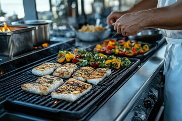 Chef grilling fish and vegetables on a professional grill in a restaurant kitchen