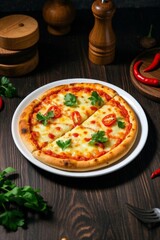 there is a pizza on a plate with a few toppings on it