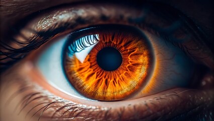 A fiery amber eye, a mesmerizing gaze holding secrets and untold stories, intense close-up with rich color saturation.