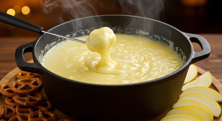 A bubbling pot of decadent cheese fondue with pretzels and fresh apple slices
