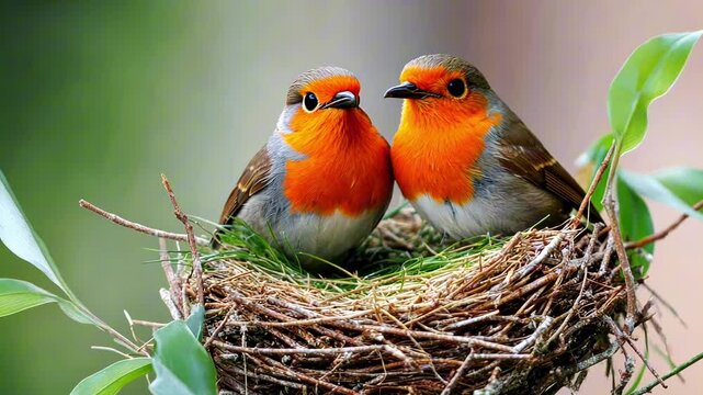 Couple of European robin birds staying together in their nest