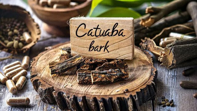 Catuaba bark in supplement capsules. Selective focus. nature.