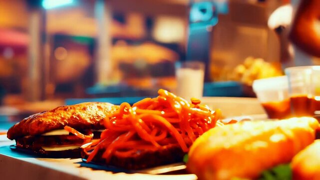 Closeup of freshly prepared noodles glistening in savory sauce, noodles showcasing rich textures and mouthwatering color, noodles satisfying curious palates craving authentic street flavors.