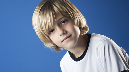 Editoral photo of a blonde girl or boy in white t-shirt with black edges, one color studio background, half-body portrait