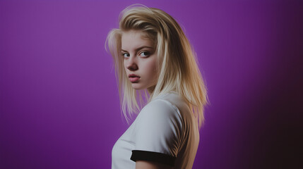 Editoral photo of a blonde girl or boy in white t-shirt with black edges, one color studio background, half-body portrait