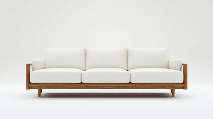 Obraz premium Modern White Sofa with Wooden Frame on Minimalist Background, Perfect for Contemporary Living Room Decor and Interior Design Inspiration
