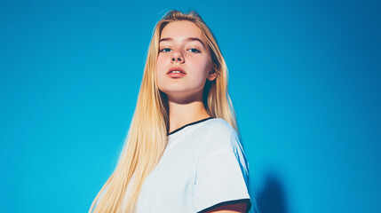 Editoral photo of a blonde girl or boy in white t-shirt with black edges, one color studio background, half-body portrait