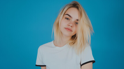 Editoral photo of a blonde girl or boy in white t-shirt with black edges, one color studio background, half-body portrait