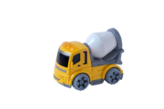 Cutout industrial yellow cement mixer truck toy, plaything for kid learning about construction site work and logistic work