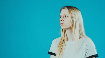 Editoral photo of a blonde girl or boy in white t-shirt with black edges, one color studio background, half-body portrait