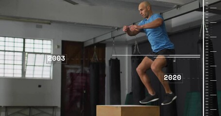 Jumping onto box, man in gym with years 2004 and 2019 animation
