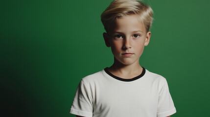 Editoral photo of a blonde girl or boy in white t-shirt with black edges, one color studio background, half-body portrait