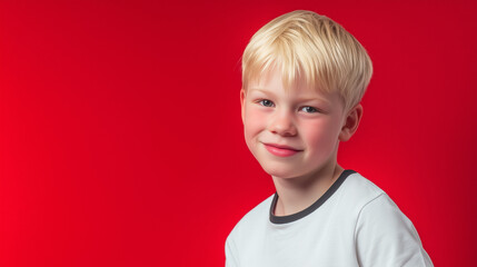 Editoral photo of a blonde girl or boy in white t-shirt with black edges, one color studio background, half-body portrait