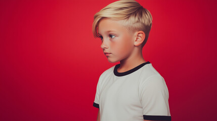 Editoral photo of a blonde girl or boy in white t-shirt with black edges, one color studio background, half-body portrait