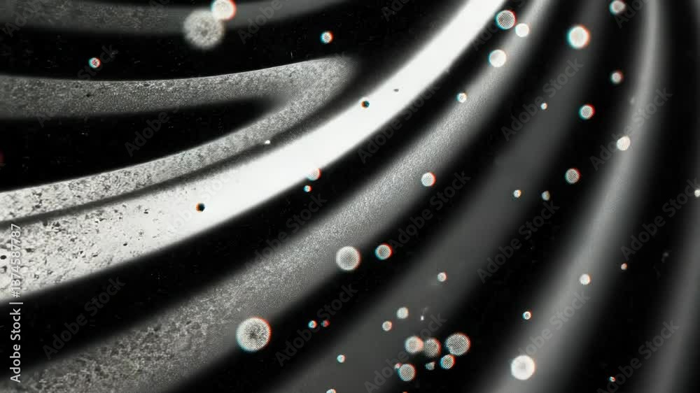 Poster a black space background with many small dots. some of the dots are red, blue, and purple