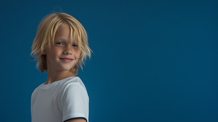 Editoral photo of a blonde girl or boy in white t-shirt with black edges, one color studio background, half-body portrait