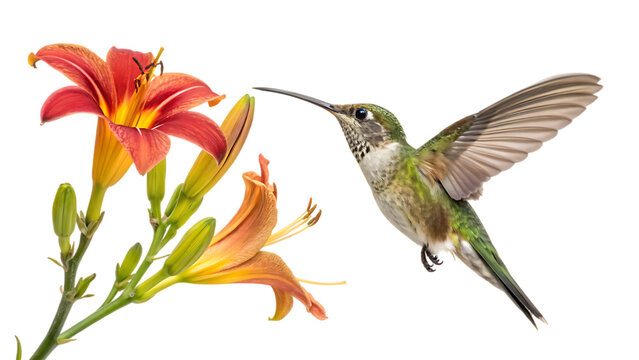hummingbird in flight flower isolated on white background PNG. AI GENERATED - Powered by Adobe
