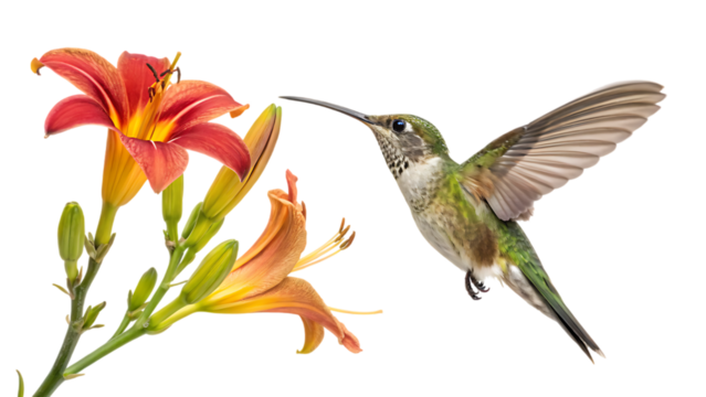 hummingbird in flight flower isolated on white background PNG. AI GENERATED