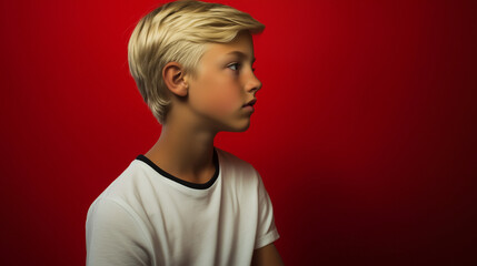 Editoral photo of a blonde girl or boy in white t-shirt with black edges, one color studio background, half-body portrait
